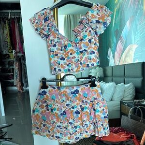 Amanda Uprichard Pink and Blue Mini Skater Skirt Set